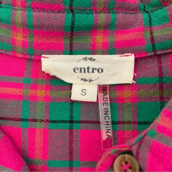 Entro Vibrant Puff Sleeve Hot Pink & Green Oversized Plaid Cotton Top - Picture 12 of 15